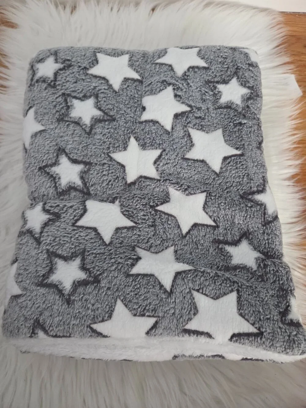 Gray with White Stars Plush Blanket